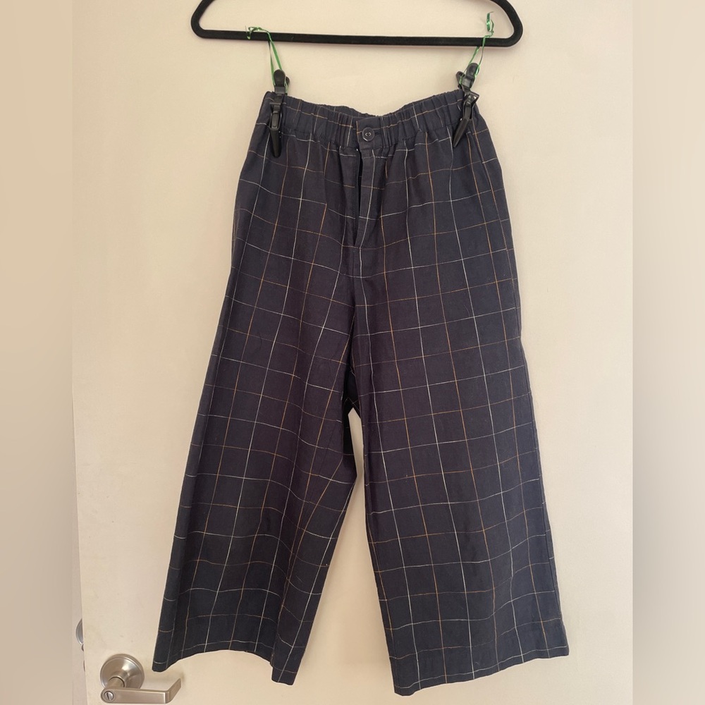 Navy grid print wide leg cropped pant XS